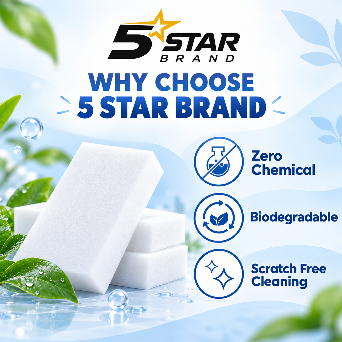 5STAR BRAND Magic Eraser Cleaning Sponge | Pack of 4 | Multi-Surface Scratch-Free Cleaning | Removes 100+ Tough Stains with Just Water | For Walls, Kitchen, Bathroom, Shoes & Switch Boards