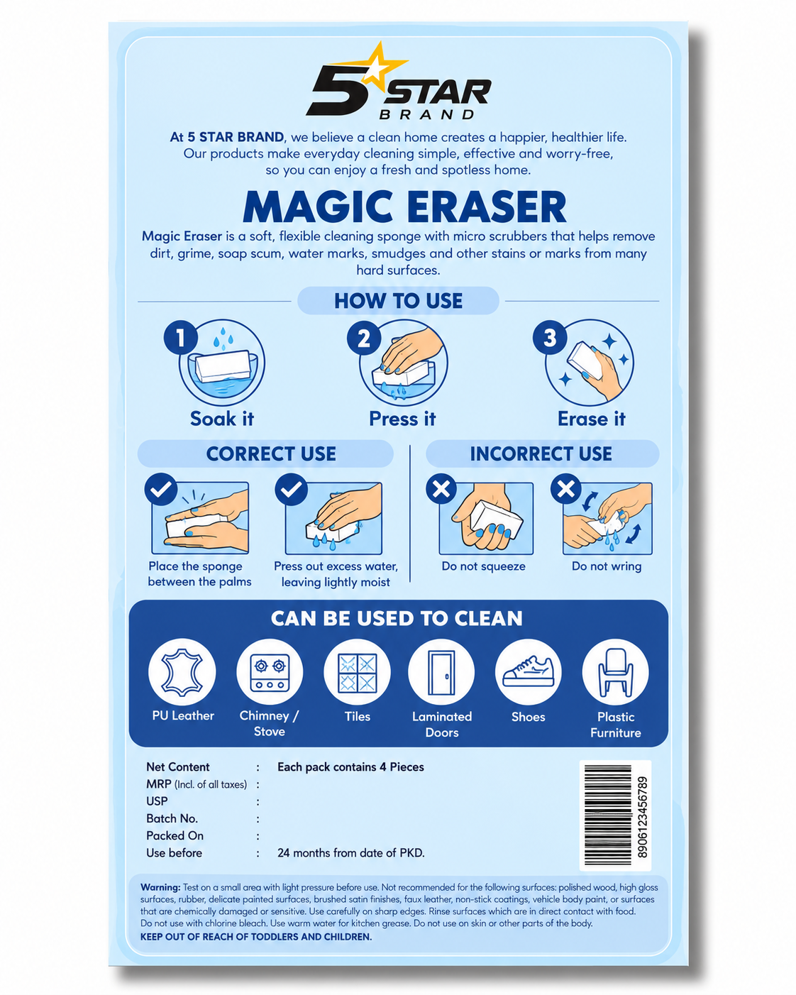 5STAR BRAND Magic Eraser Cleaning Sponge | Pack of 4 | Multi-Surface Scratch-Free Cleaning | Removes 100+ Tough Stains with Just Water | For Walls, Kitchen, Bathroom, Shoes & Switch Boards